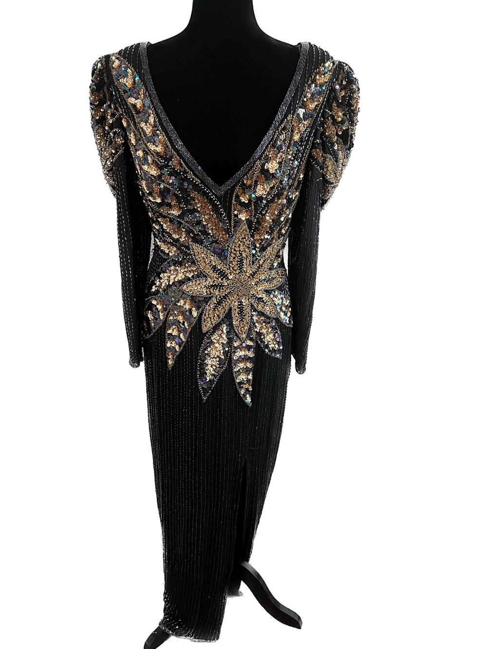 Sho Max Originals Black Long-Sleeve V-Neck Gown with Gold Sequin Floral Detail